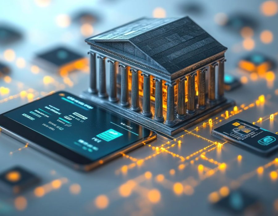 A digital representation of a bank with a tablet and circuit patterns, symbolizing finance technology. An imaginative visualization of a mobile banking app with animated icons representing transactions and services, floating against a clean white background. --ar 16:9 --style raw --stylize 750 --v 6.1 Job ID: db786c40-782e-44a9-8968-c3c163d948b1